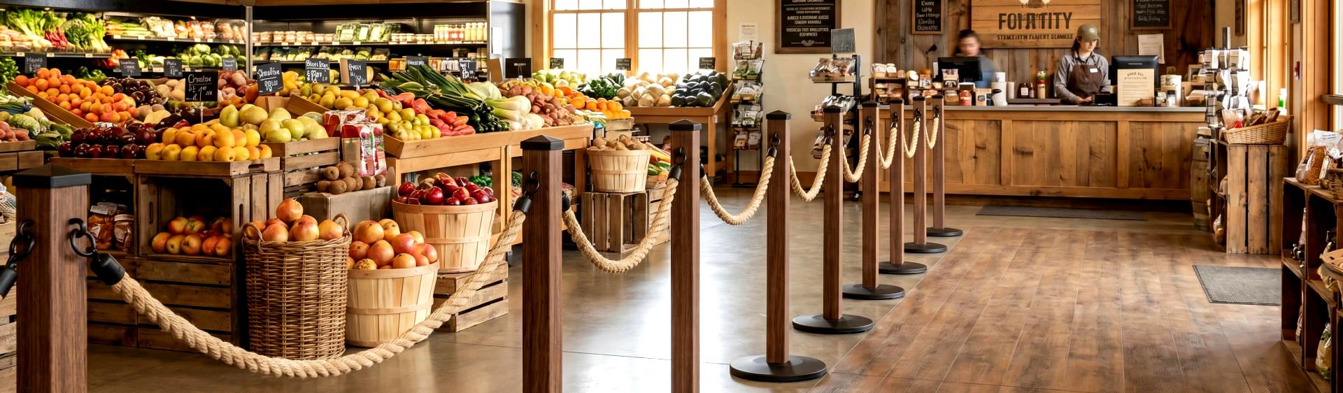 Natural crowd control stanchions for grocery stores supermarkets