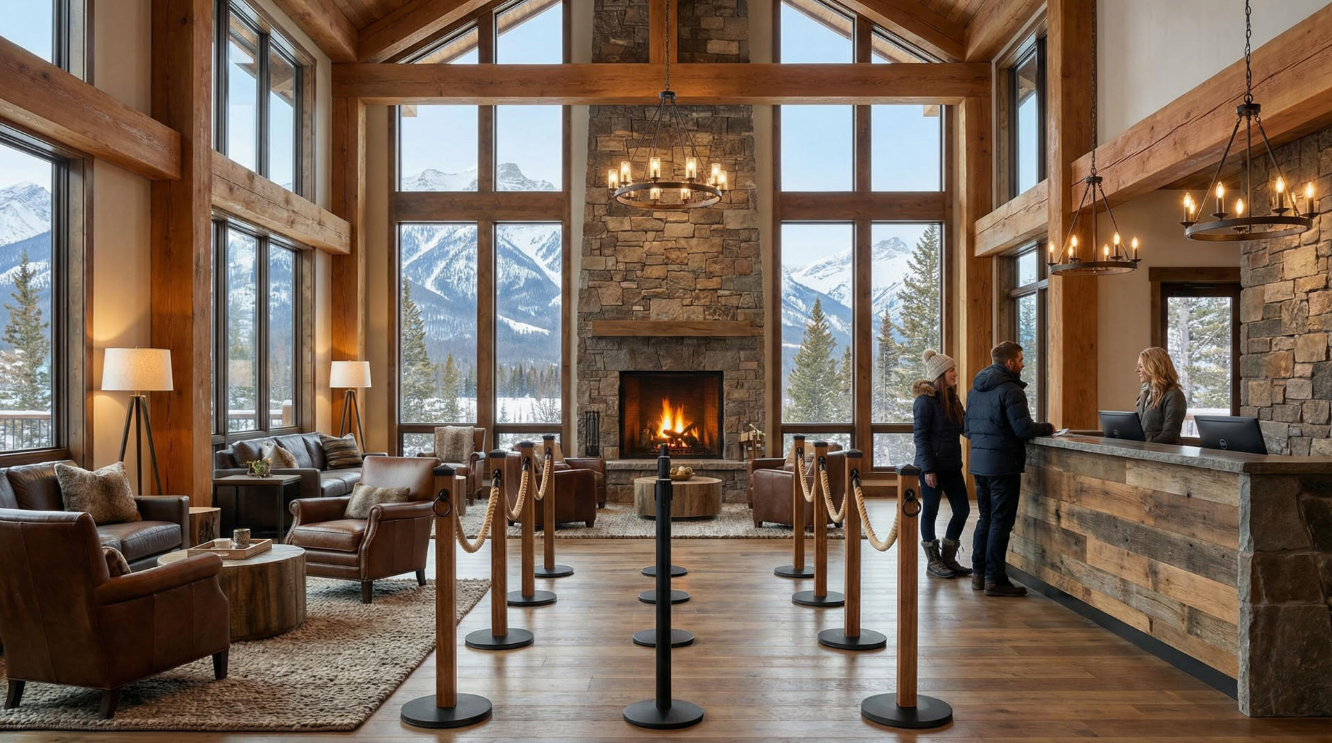 Mountain Modern wood post stanchion in hotel lobby style