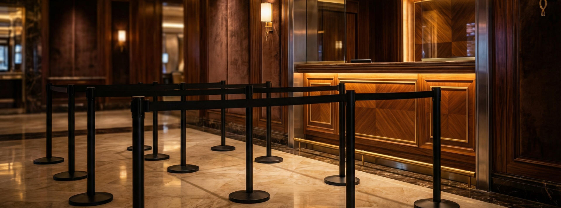 Black retractable stanchions for indoor or outdoor use